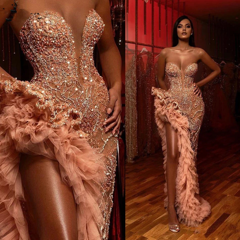 Aso Ebi Champagne Blush Mermaid Prom Dresses 2023 Sparkly Beaded Ruffles High Slit Sweetheart Arabic Evening Party Occasion Gown
